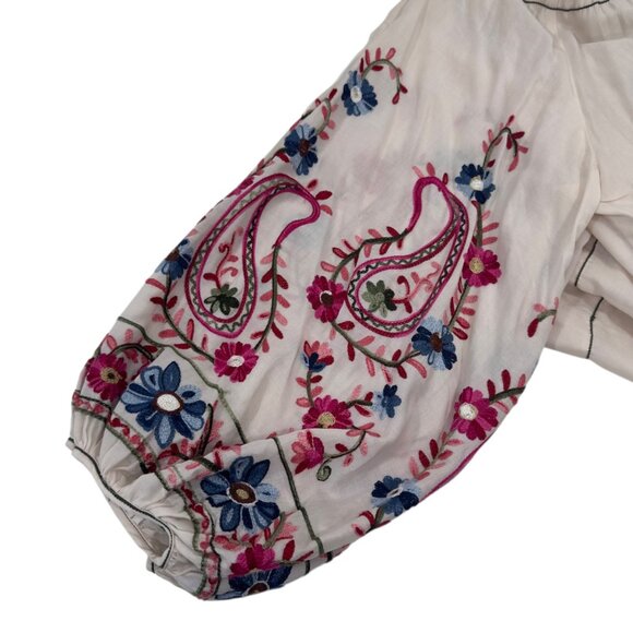 Max Studio Womens Embroidered Sleeve Boho Peasant Blouse SZ S 100% Rayon Beige - Picture 10 of 11